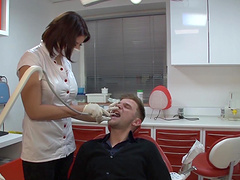 Beautiful brunette gets a facial after a hot blowjob and anal sex