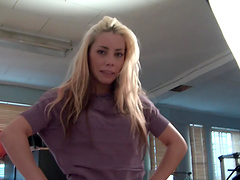 Beautiful blonde gives a blowjob and has long hair.
