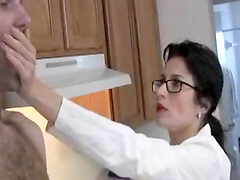 Hot Mom with Glasses Jacks and Sucks a Big Dick in the Kitchen