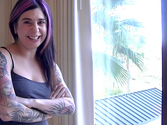 Tattooed room-mate Joanna Angel shows boobs and gives a deepthroat