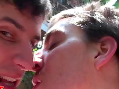 Outdoor dick sucking and fucking in the backyard with gay dudes