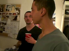 Naughty drunk dudes enjoying group dick sucking at the party