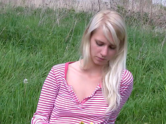 Solo blonde playing with her orgasmic pussy while in nature - Sara J
