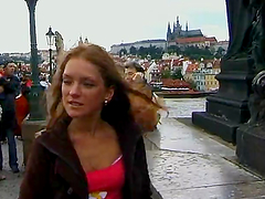 Cute Redhead Walks Along The Streets Of Prague
