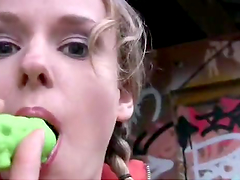 Blonde Teen Plays With A Green Dildo