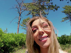Topless girlfriend Karma RX gives a sloppy blowjob in outdoors