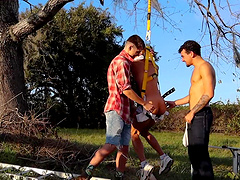 Outdoor gay threesome in the park with naughty dudes - HD