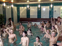 Wild group sex party in the pool with lots of cum loving babes