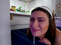 Cum all over pretty face of Angeline Red after receiving a blowjob