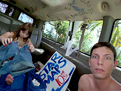 Shaved pussy babe Shae Celestine gets into the van for a quickie