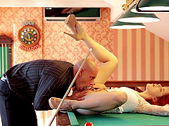 Beautiful redhead chick Amarna Miller fucked good on the pool table
