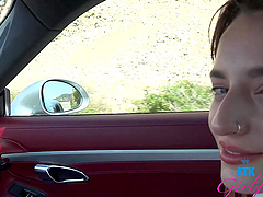 POV video of brunette Lana Smalls being fingered in the car