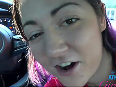 POV video of brunette Lily Adams giving a blowjob in the car