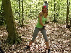 Skinny blonde Swany bends over to be fucked in the local woods