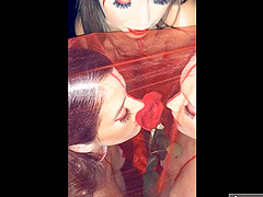 Kinky chicks Abbie Maley and Riley Reid have fun in red latex