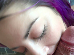 POV video of Lily Adams with pink hair sucking her man's dick