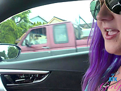 HD POV video of Lily Adams with purple hair sucking a dick