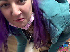 HD POV video of Lily Adams with purple hair sucking a dick