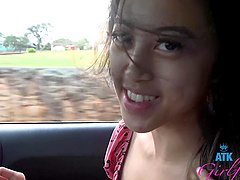 Kinky amateur Alexia Anders teases in the car and outdoors. POV
