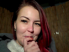 Redhead girl Cindy Shine fucks with a stranger in POV outdoors