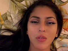 Naughty brunette girl Sophia Leone wraps her lips around a dick