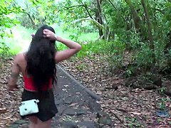 Outdoors POV video of skinny Mi Ha Doan showing her fuck hole