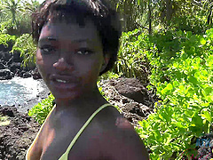 Outdoors video of ebony Noemie Bilas masturbating and pissing