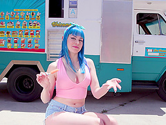 Blue haired chick Jewelz Blu gets her pussy fucked in the truck