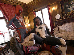 Interracial FFM threesome with ebony superhero Ana Foxxx in costume