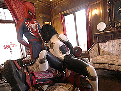 Interracial FFM threesome with ebony superhero Ana Foxxx in costume