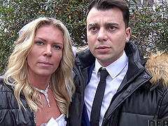 Hot milf in stockings gets fucked in the ass by her husband.