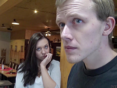 Dirty brunette Ornella Morgen drops on her knees to give head