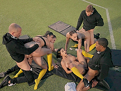 Wild outdoors orgy on a football field with hot ass Alexis Tae