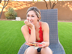 Long-haired beauty Harper pleases herself with toys outdoors