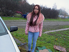 Beautiful long haired brunette gives a blowjob and gets fucked in a car.