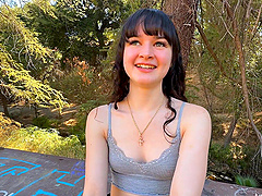 Outdoor sex with a long-haired teen and a shaved pussy