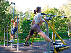 Outdoor sex with a hot milf and a young athlete in the woods.