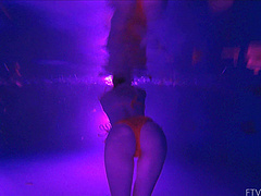 Natural tits brunette Lily swims in the pool and masturbates.