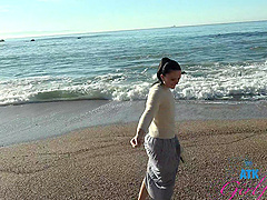 Beautiful brunette Imani Valor in hot glasses having sex on the beach.