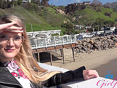 Riley Rose stops for a piss in a car, showing her slutty side.