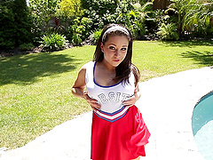 A cheerleader, Charity Bangs, gets fucked in a unique way.