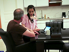 Vera V. Is a brunette who gives a blowjob to Steve Steel in the kitchen.