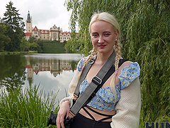 Two blondes, Steve Q and Daruma Rai, having fun with each other’s shaved pussies