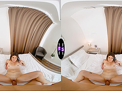 Natural tits of cute brunette in long hair during missionary sex