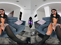 Petite Breiny Zoe rubs her pussy in sexy black stockings