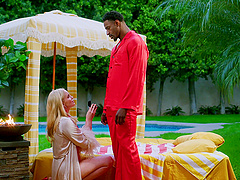 Two blondes are having a threesome with Jax Slayher and Charlie Forde by the pool.