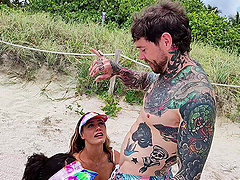 Brunette milf Sofie Reyez seduces two guys for a hot threesome