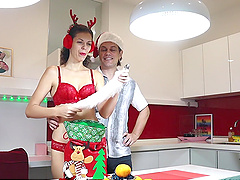 Hot homemade action with shaved pussy in the kitchen