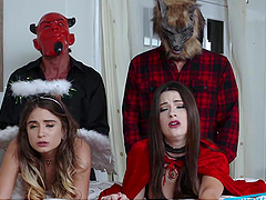 Kinky queens Riley, Katie & Kenzie devour cocks and gulp down loads