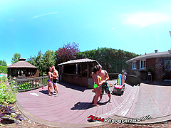 Sizzling stars Shana and Heidi take it all outdoors in a wild threesome by the pool